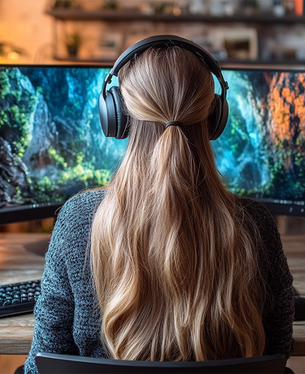 Vue de dos d'une personne aux longs cheveux blonds portant un casque audio devant des écrans d'ordinateur affichant une scène de nature