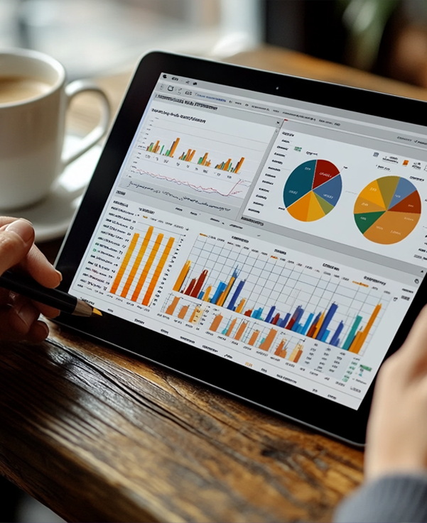 Tablette affichant divers graphiques et diagrammes colorés d'analyse de données, posée sur une table en bois avec une tasse de café à proximité